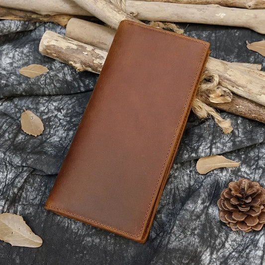 Luufan High Quality Genuine Leather Long Wallet Bifold Men Purse With Photo Coin Business Card Slot Leather Male Wallet Brown