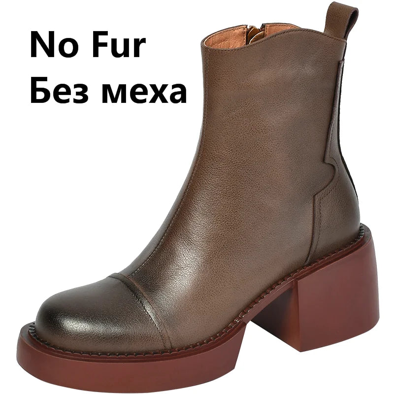 FEDONAS Retro Mature Female Concise Women Ankle Boots Genuine Leather Thick Heels Autumn Winter Side Zipper Office Shoes Woman