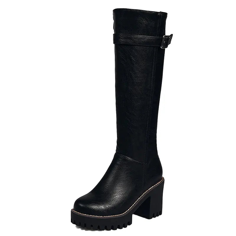 Lasyarrow Women Knee high Boots Autumn Winter Lace Up Thick High Heel Shoes Sexy punk PU Retro Buckle women shoes Ladies Boots