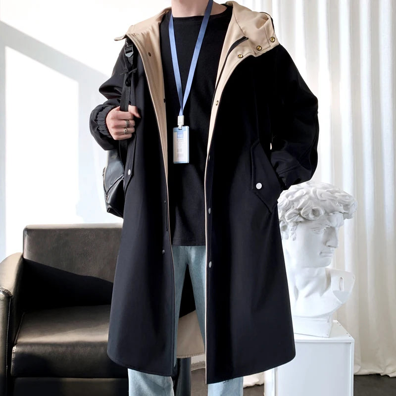 2024 spring Long style coat men's High quality casual trench coat , casual hoooded jackets men,Men's Clothing  Windbreakers FY33