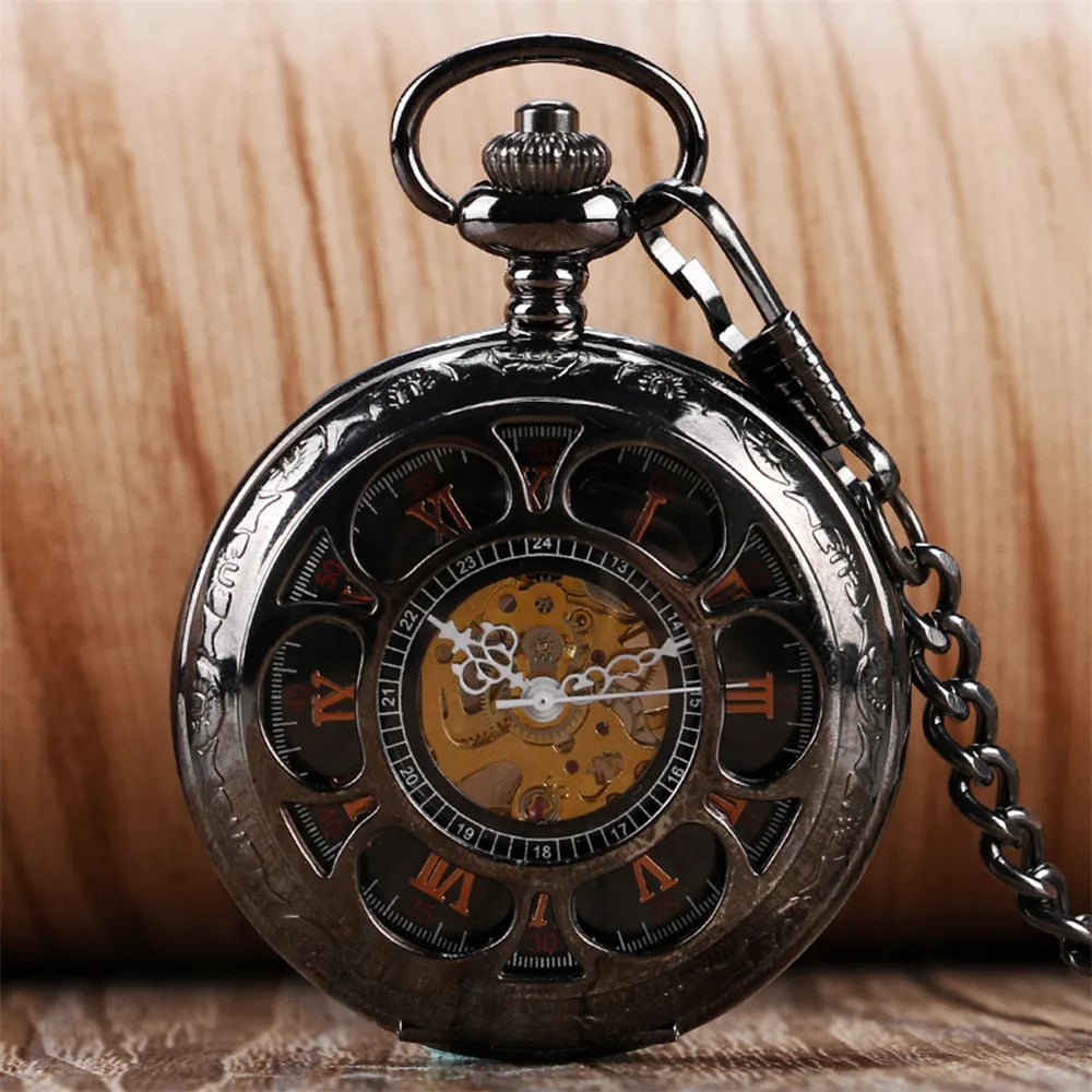 Rose Gold/Black Pumpkin Flower Hollow Mechanical Pocket Watch Roman Numerals Display Luxury Pendant Pocket Clock Gift with Chain