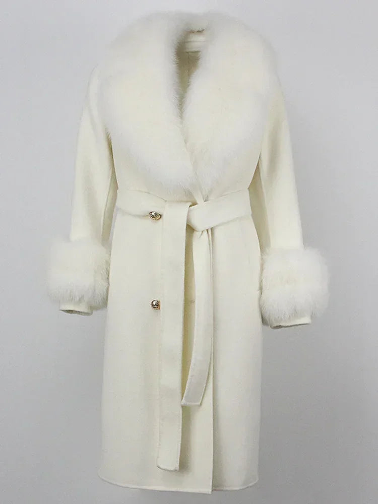 2024 Winter Jacket Women Long Natural Wool Blends Cashmere Real Fur Coat Double Breasted Belt Warm Wool Streetwear New Fashion