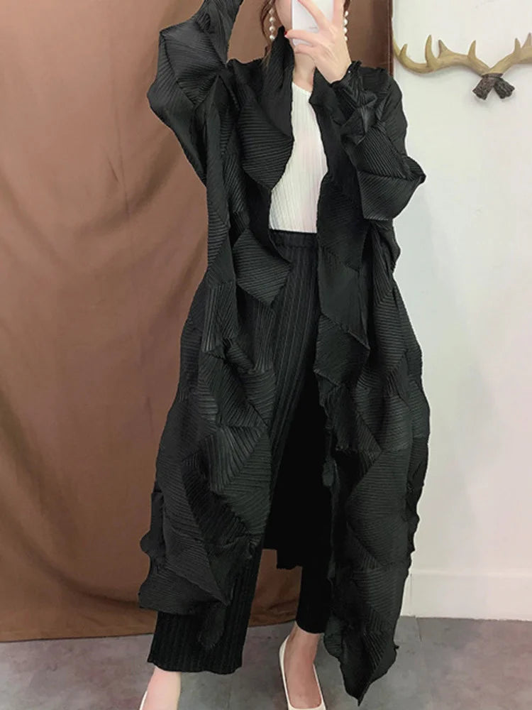 Miyake Pleated Long Trench Coat Women 2025 Spring Lapel Solid Color Long Sleeve Loose Casual Female Fashion Windbreaker