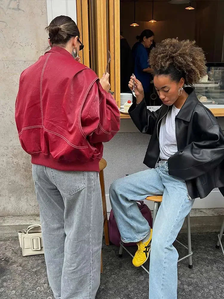 Women Red Lapel Zipper Leather Cropped Coat 2025 Chic Retro Loose Casual Short Jackets Autumn Fashion Motorcycle Leather Tops