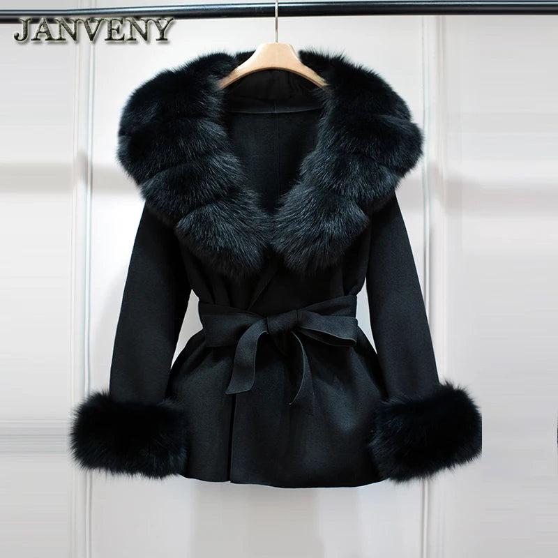 2025 Fashion Winter Real Fox Fur Collar Cuff Cashmere Wool Coat Women Suit Collar Warm Loose Mid Length Belted Wool Coat Blends