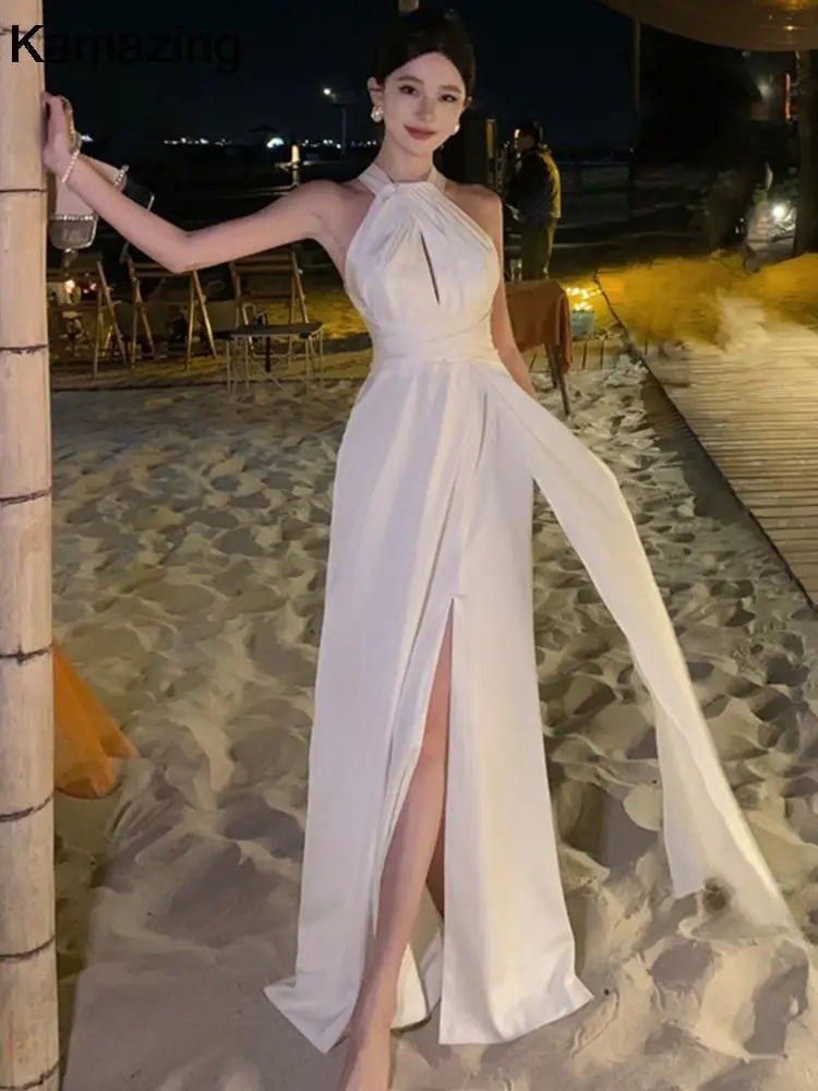 Elegant Sexy Backless Solid Long Dress Birthday Evening Party Halter Designer White Robe Summer Women Fashion Wedding Vestidos