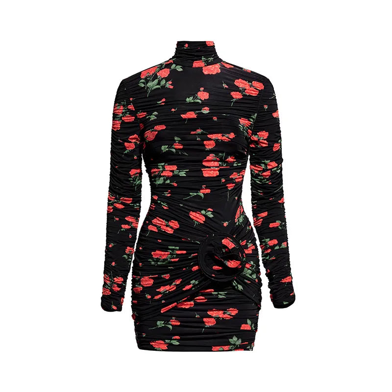 Half High Neck Pleated Dress 3D Flowers Slim Fit Waist Cinching Long Sleeved Sexy Pink Wrap Hip Short Dresses Women's Clothing