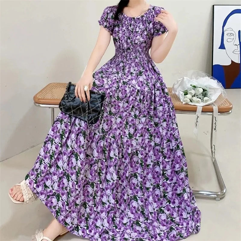 Cotton Silk floral Short sleeved Dress Beach vacation Big swing Dress New Summer 2025 Printed One neck Long Dresses