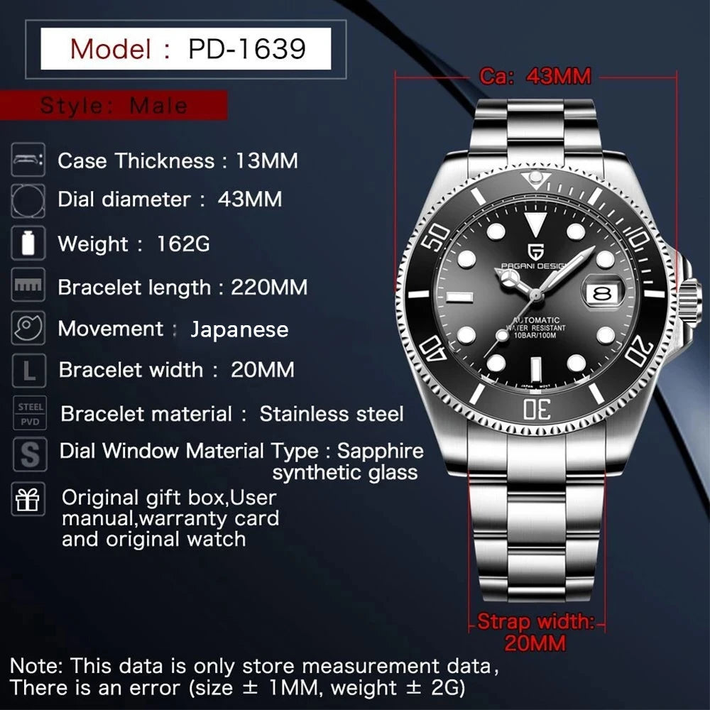 PAGANI DESIGN brand stainless steel calendar waterproof night light men's watchBusiness Automatic watch Machinery sapphire watch