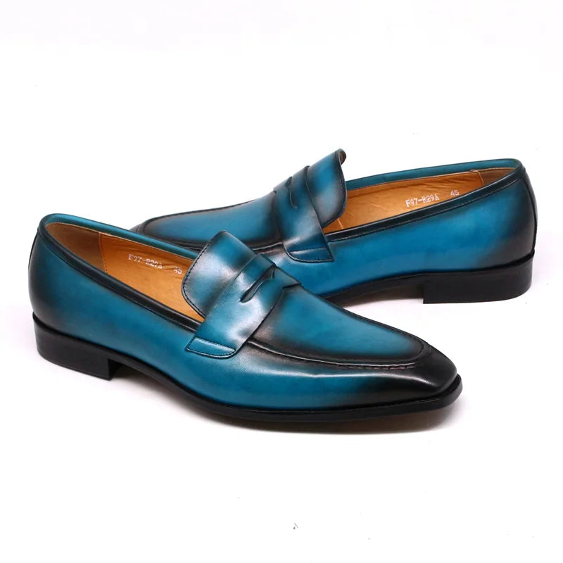 Size 39-46 Handmade Mens Penny Loafers Genuine Leather Light Blue Men Dress Shoes Wedding Party Slip On Shoes Italian Fashion