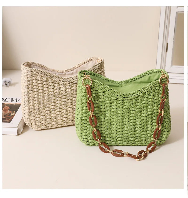 Small fresh purple underarm woven bag New crescent single shoulder solid straw woven bag Women's beach holiday beach bag