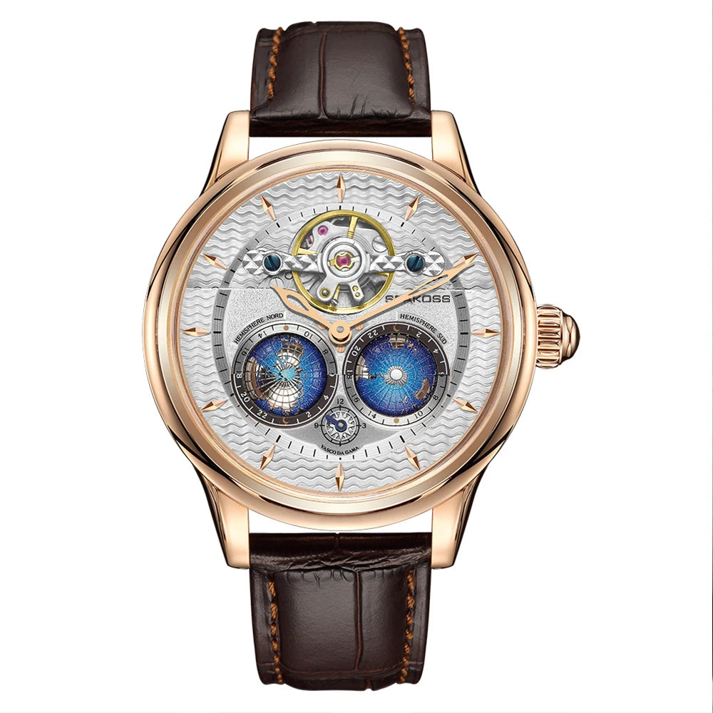 SEAKOSS 3D Double Earth Rotating Automatic Movement Mechanical Watch for Men 1963 Flywheel Wristwatches 5Bar Waterproof Clock