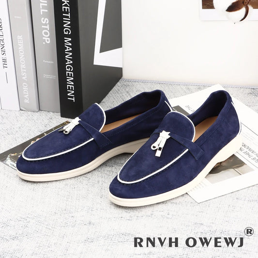 2025 Men's Flat Loafer Summer Top Quality Suede Leather Tassel Metal Buckle Pink Slipper Mules Comfortable Slip on Shoes