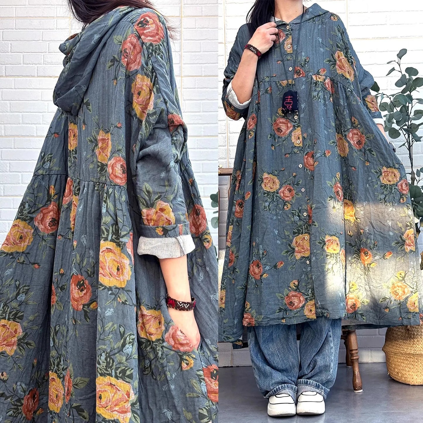 LYUZHE 2025 Spring Autumn New Chinese Style Printed Women Trench Coat Hooded Long Sleeve Retro Mid-length Trench Coat ZXY999B