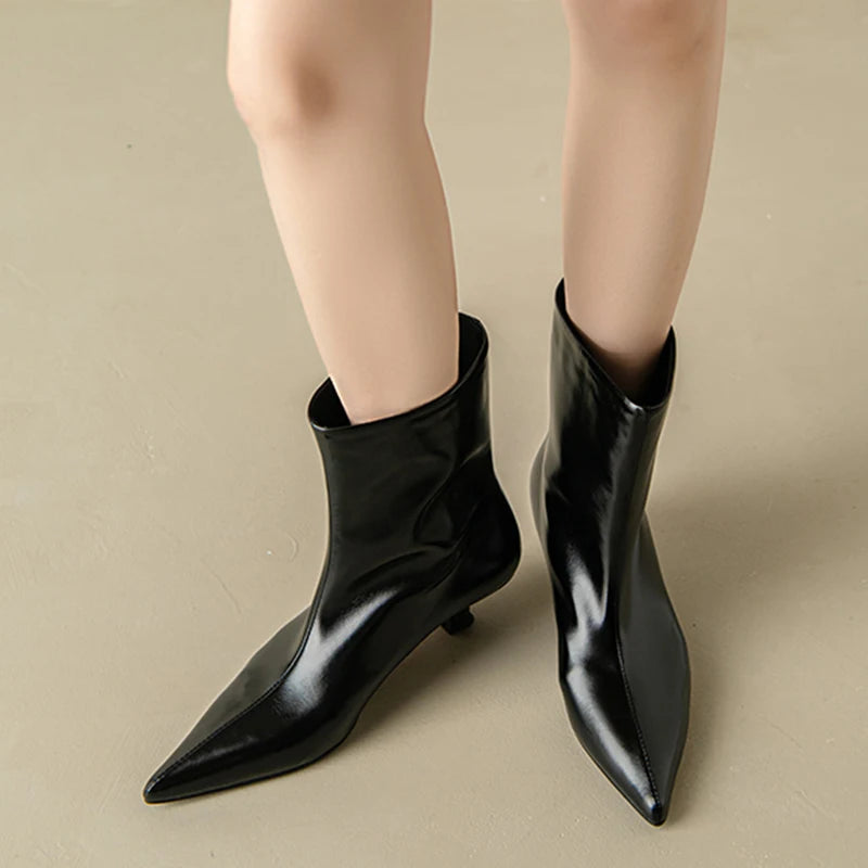 JOZHAMTA Size 34-43 Women Ankle Boots Real Leather Kitten Mid Heels Shoes 2025 Winter  Fashion Pointy Office Lady Daily Dress