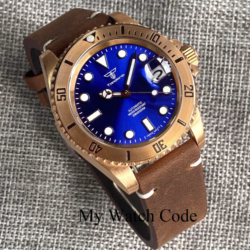 Tandorio Real Bronze Diver Mechanical Watch Men Sunburst Green Wristwatch NH35AA Movt Leather band Vintage Waterproof Lume Clock