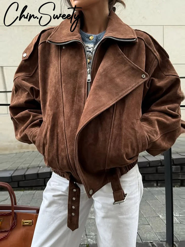 Vintage Women's Belt Short Suede Jackets Loose Lapel Zipper Full Sleeve Zipper Coat Female 2025 Autumn Lady Commute Outwear