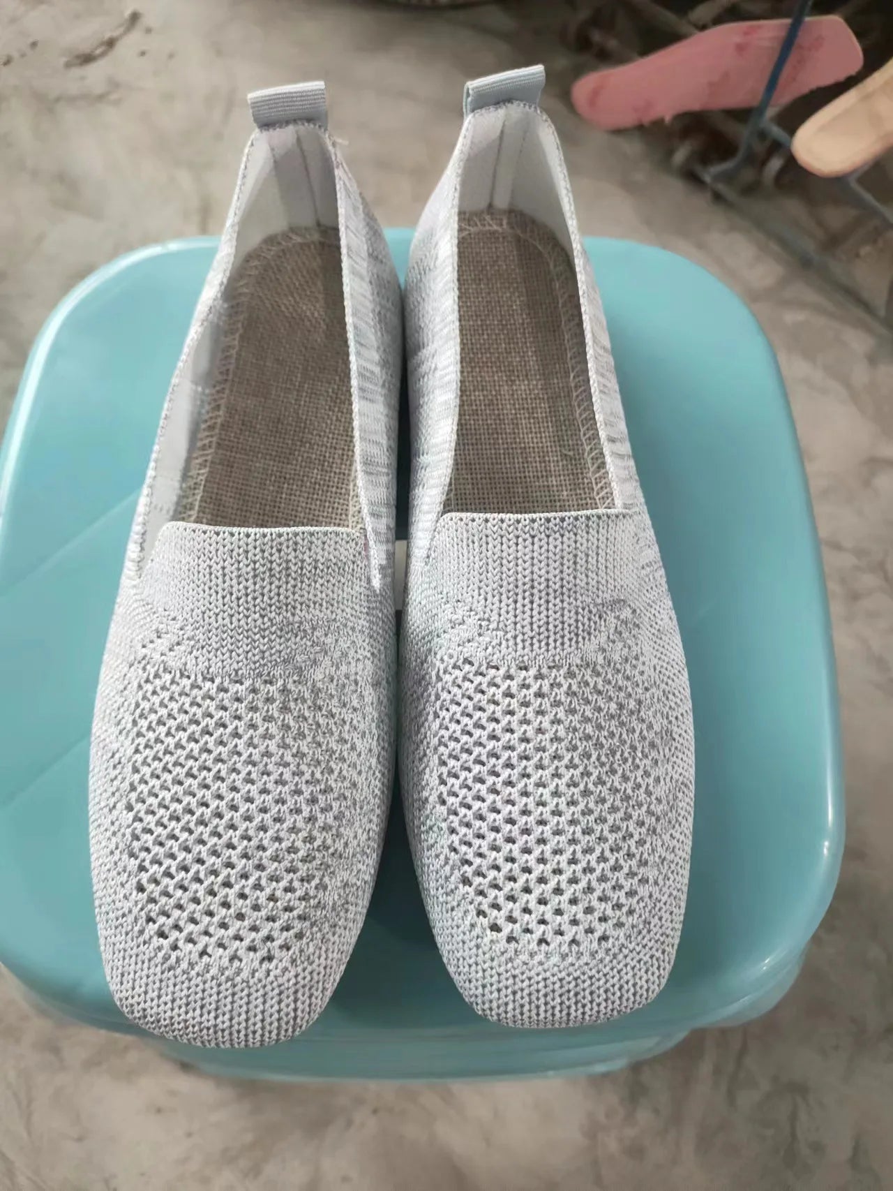 Flat Mesh Knitted Striped Flats Shoes for Women Autumn New Light Slip on Flat Casual Shoes Ladies Square Toe Breathable Sneakers