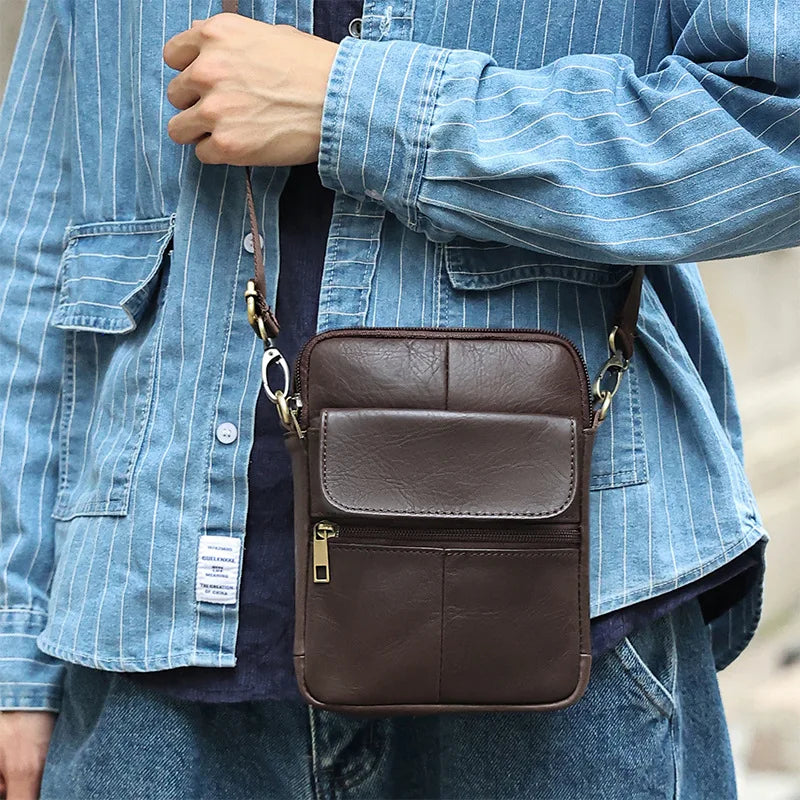 New Casual Men's Cow Leather Shoulder Phone Bag Male Small Crossbody Bag