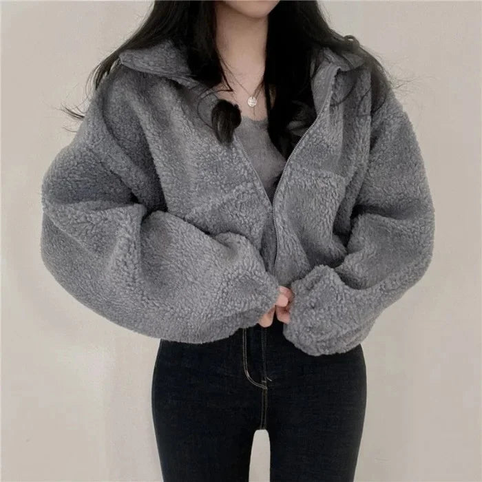Women's Short Zipper Hoodie Thickened Stand Collar Lamb Velvet Jacket Loose Fit Autumn Winter Casual Style Outerwear