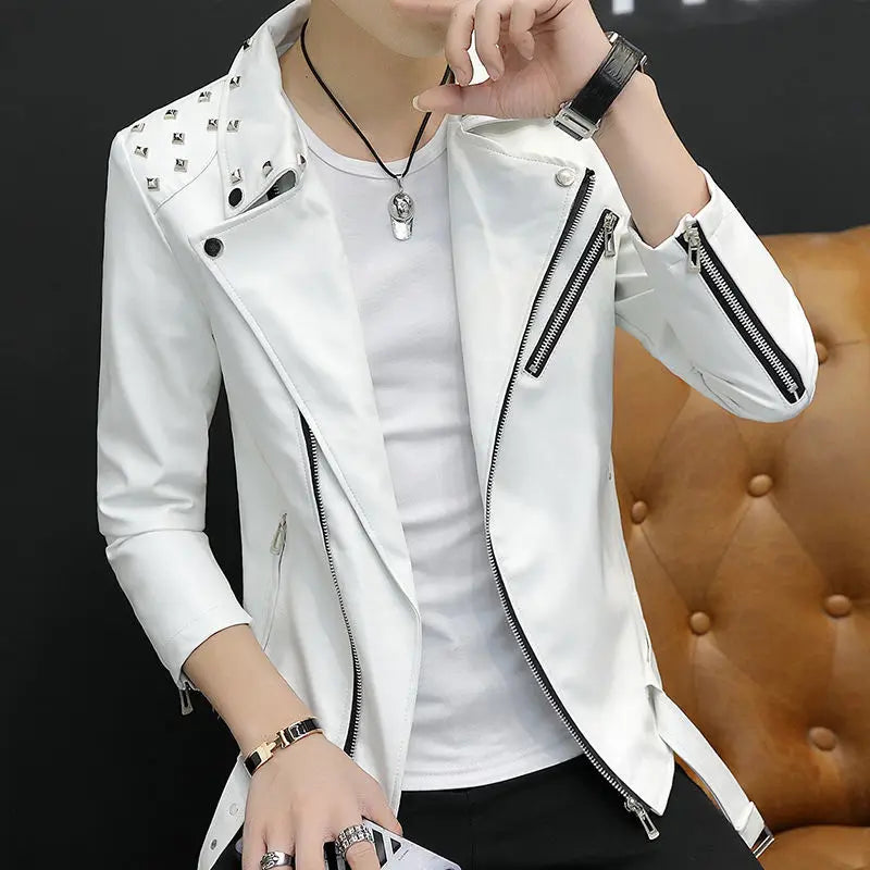 2024 Autumn Men's Leather Jacket, Suit Collar Coat Slim Men's Short Motorcycle clothing