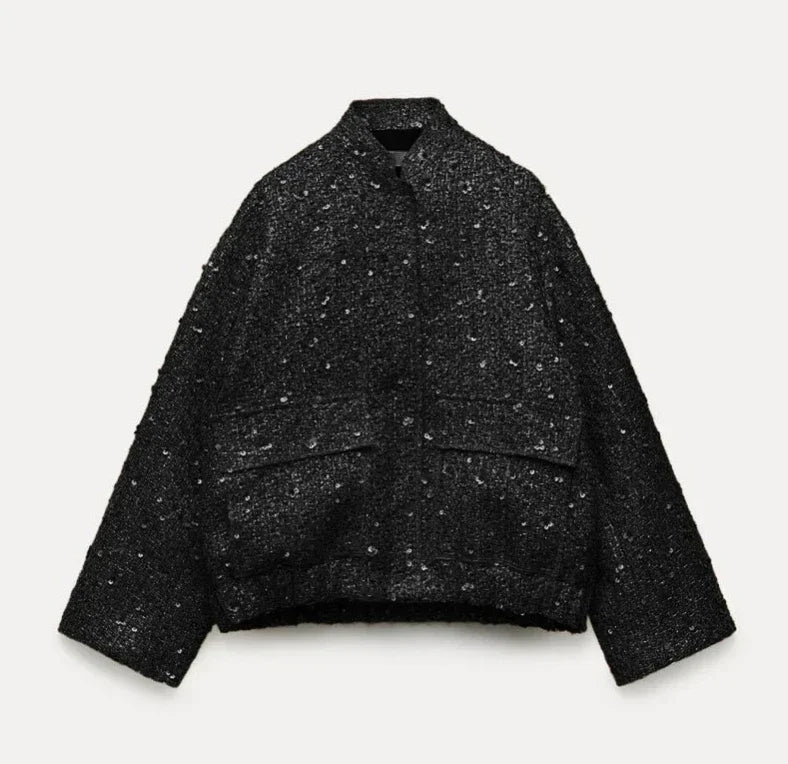 Jinia trendy sequins gold jacket for women 2024 loose stand collar long sleeve club jacket 2024 autumn office ladies outwear