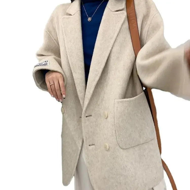 SuperAen Double-sided Cashmere Coat Long Wool Thickened Suit Style Thickened Loose Wool Jacket Coat for Women