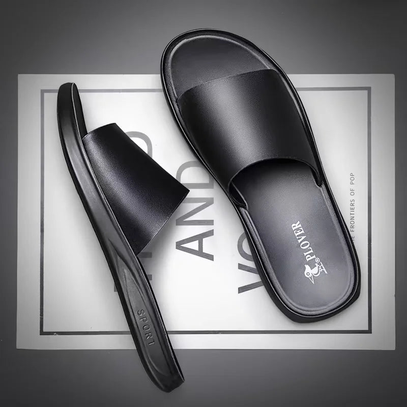 Slippers Men's beach shoes,Summer New Male slides,Peep Toe slippers Black/Brown calf leather shoes Adults Teenagers USA Fashion