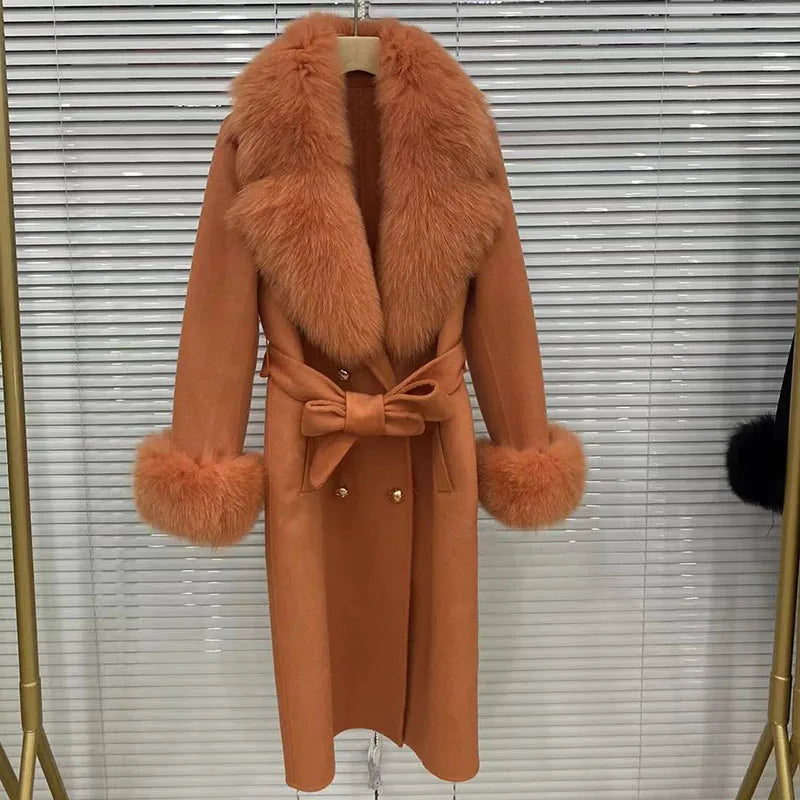Long Women Wool Blended Coat With Big Real Fox Fur Collar Fashion Slim Winter Wool Jacket With Belt Outwear With Fox Fur Cuff