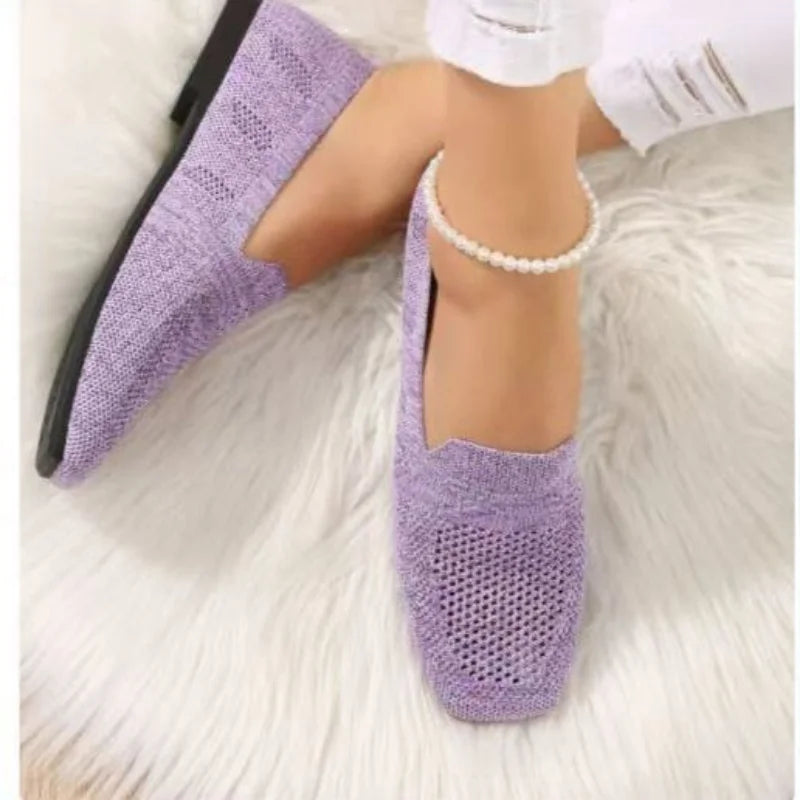 Flat Mesh Knitted Striped Flats Shoes for Women Autumn New Light Slip on Flat Casual Shoes Ladies Square Toe Breathable Sneakers