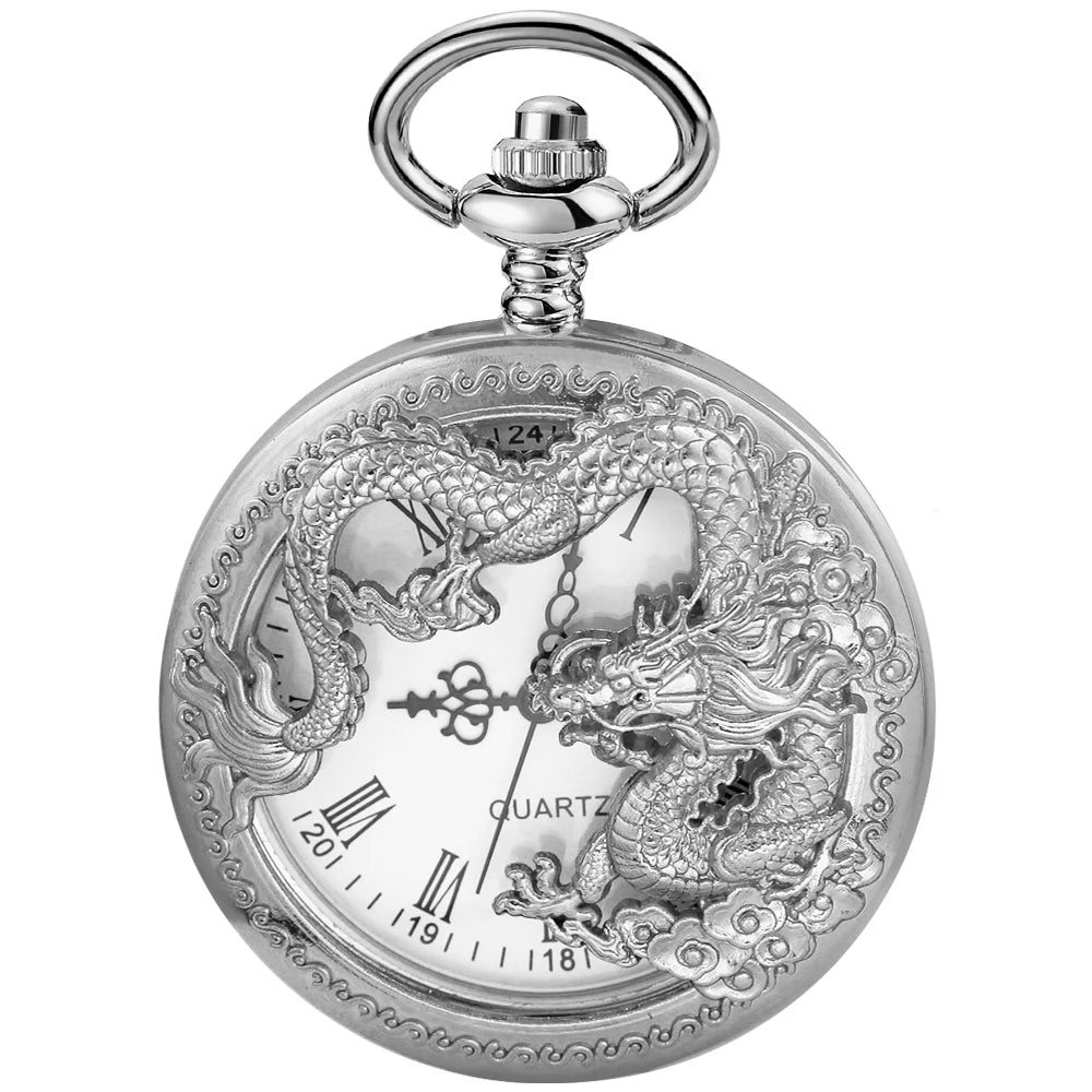 Flying Dragon Embossed Hollow Digital Quartz Pocket Watch Men's High Quality Necklace Timing Pendant Women's Jewelry Gift Clock