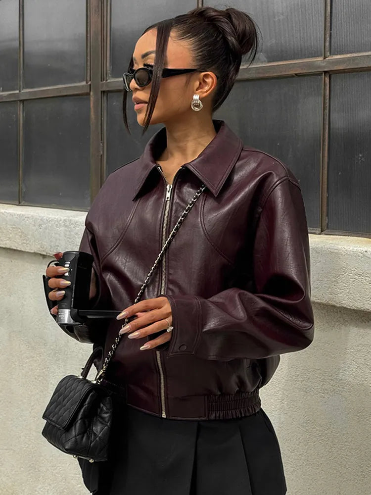 Women's Red Pu Leather Burgundy Solid Lapel Cropped Jacket Female Pockets Long Sleeves Short Coat 2024 Lady Autumn Streetwear