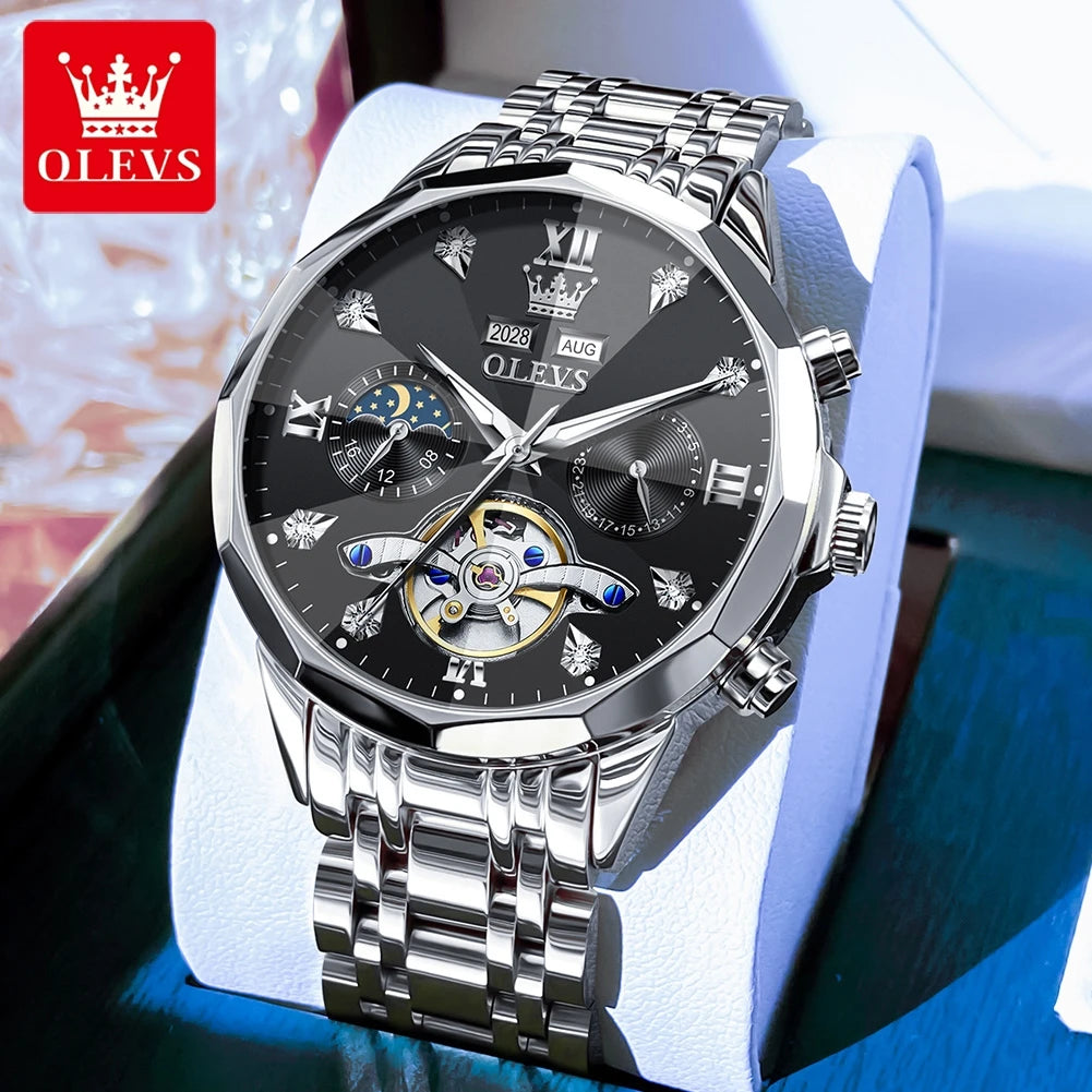 OLEVS 6621 Mens Watch High-end Automatic Mechanical Watches Flywheel Hollow Dial Calendar Moon phase Waterproof Man Wristwatch