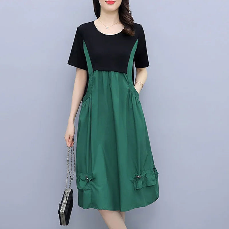 Fashion O-Neck Spliced Loose Folds Shirring Midi Dress Women's Clothing 2023 Summer New Oversized Fake Two Pieces Casual Dresses