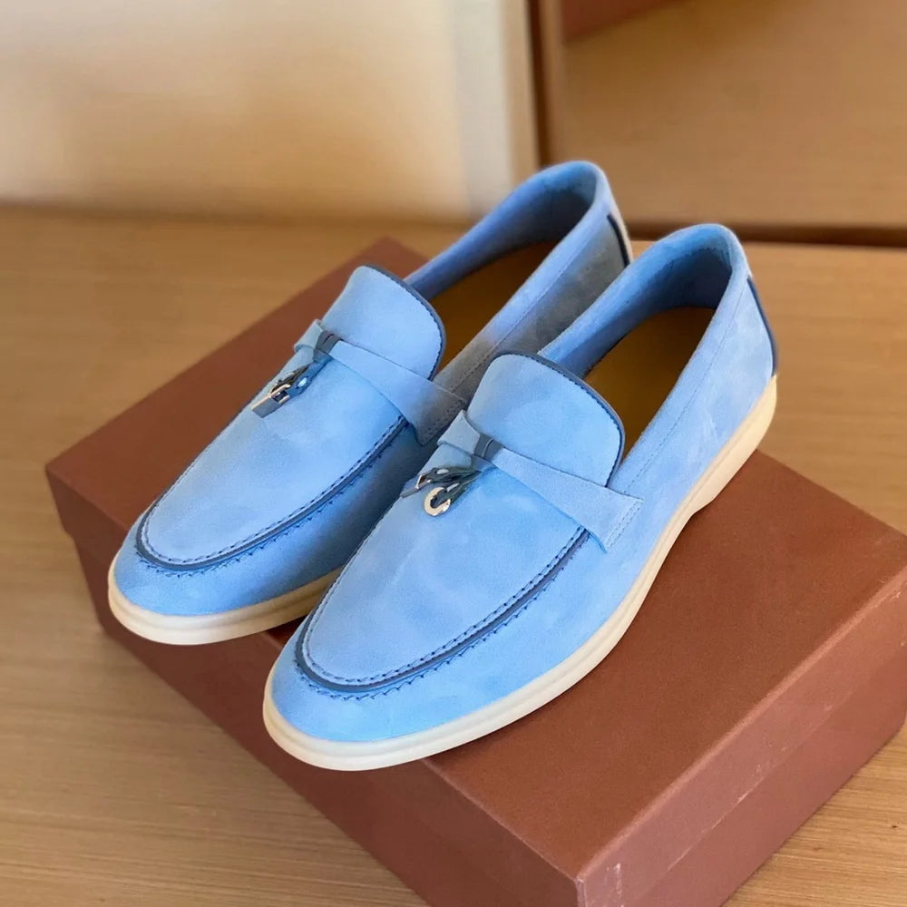2025 Men's Flat Loafer Summer Top Quality Suede Leather Tassel Metal Buckle Pink Slipper Mules Comfortable Slip on Shoes