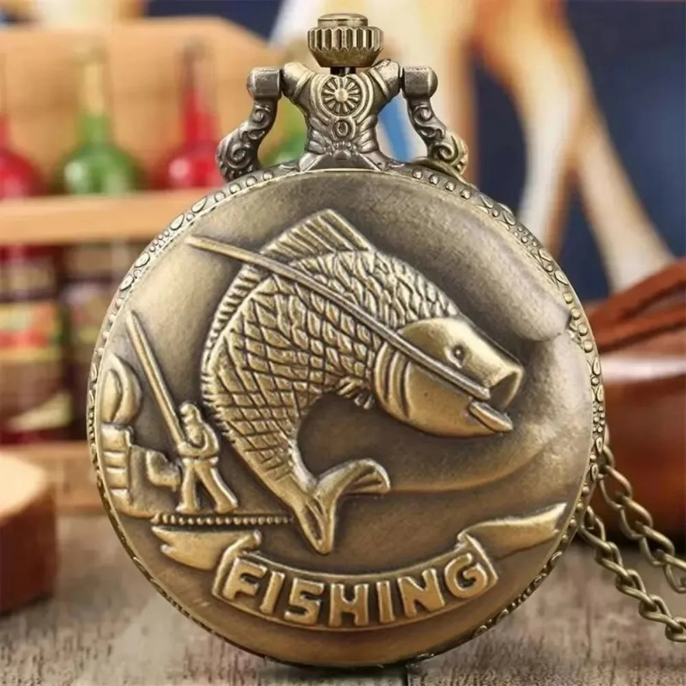 Vintage Bronze Fishing Pattern With Necklace Pendant Quartz Pocket Watch Gift Clock For Men Mlae Women Kids Relogio Saati