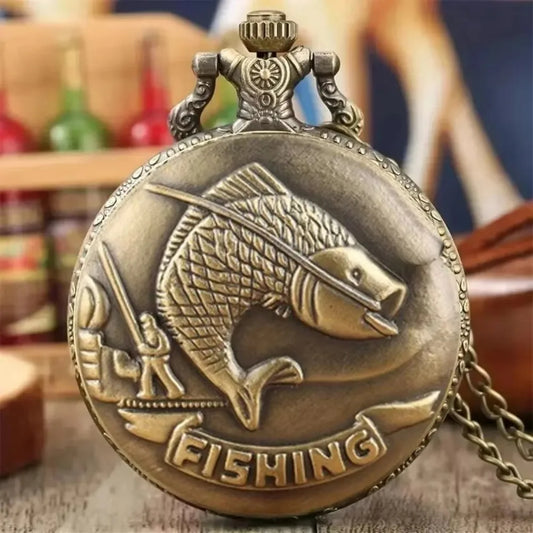 Vintage Bronze Fishing Pattern With Necklace Pendant Quartz Pocket Watch Gift Clock For Men Mlae Women Kids Relogio Saati