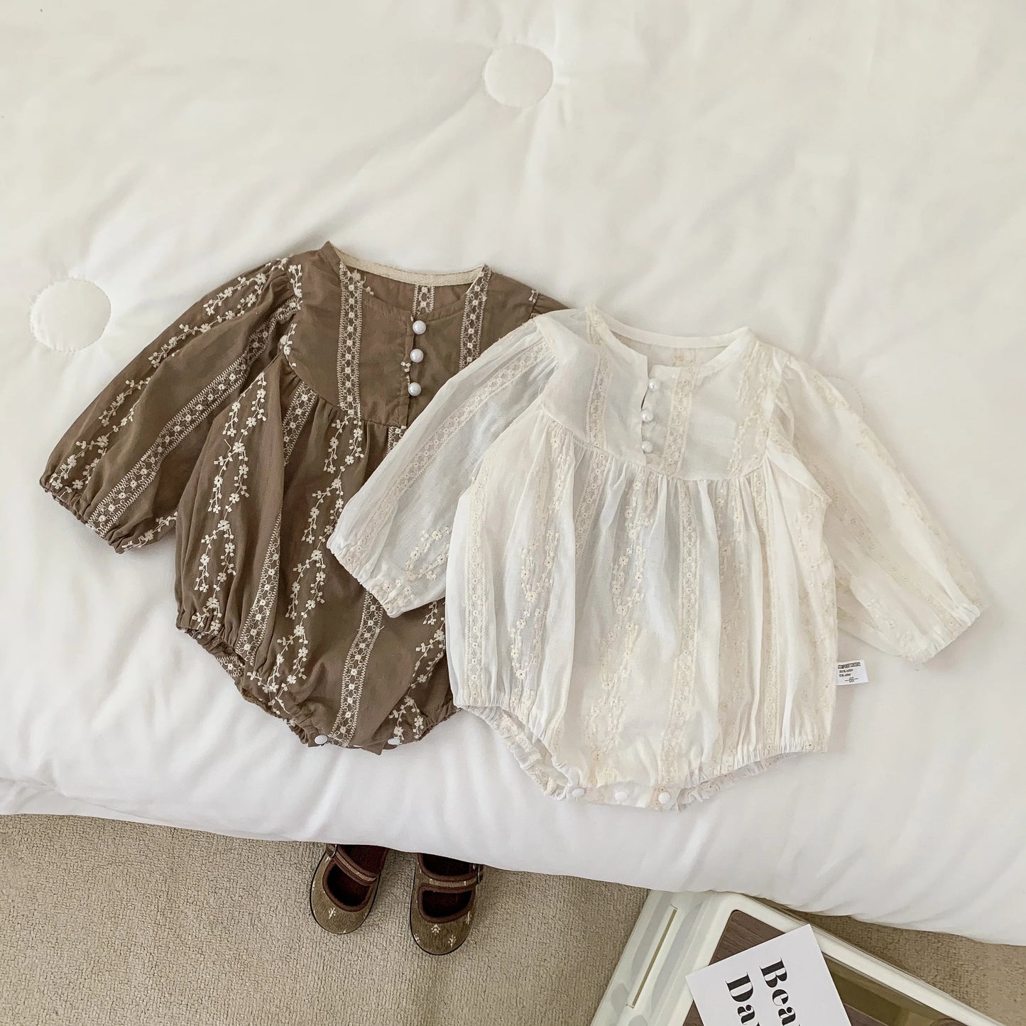 Girls Baby Pearl Button Embroidered Princess Jumpsuit Long Sleeve Thin Style Spring Autumn Children's Clothing