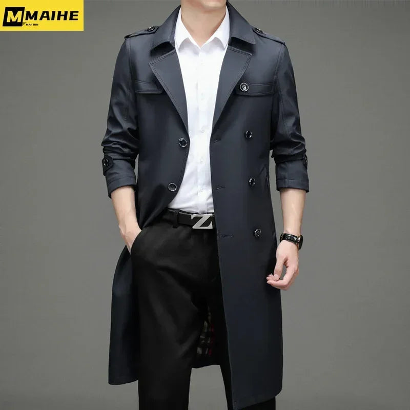 Luxurious Super Long Windbreaker Double-breasted Trench Coat Men’s Cotton Polyester Classic British Fashion Coat Brand Clothing