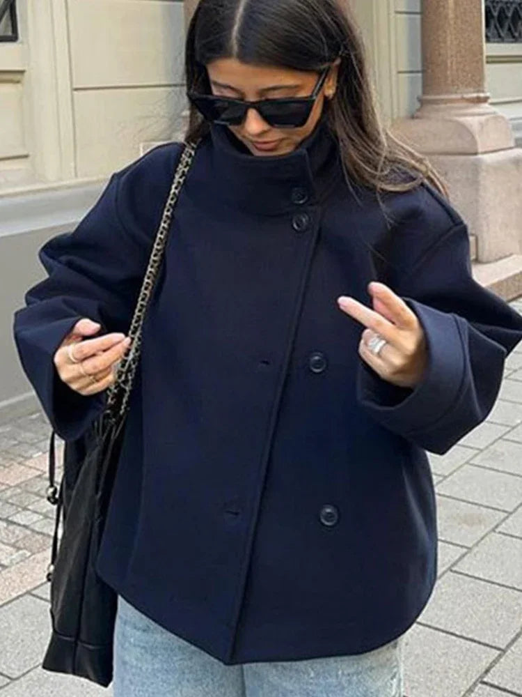 Solid Woolen Blend Casual Coat Women Stand Collar Long Sleeve Single Breasted Fashion Jacket Autumn Lady High Street New Outwear