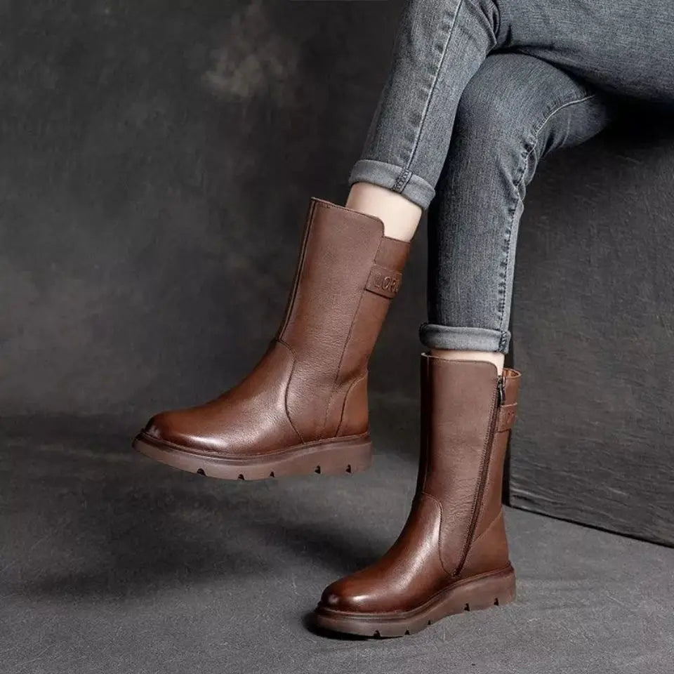Footwear Mid Calf Women's Boots Wedge Heel Biker Shoes For Woman Half High Leather Brown Fashion 2024 On Offer Korean Style Y2k