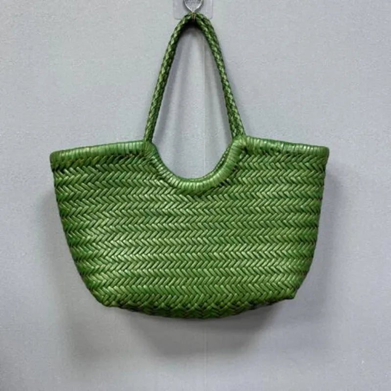 Hand Knitted Designer Genuine Leather Elegant Handle Female Totes Vintage Women's Handbag Cowskin Lady Large Shoulder Bag