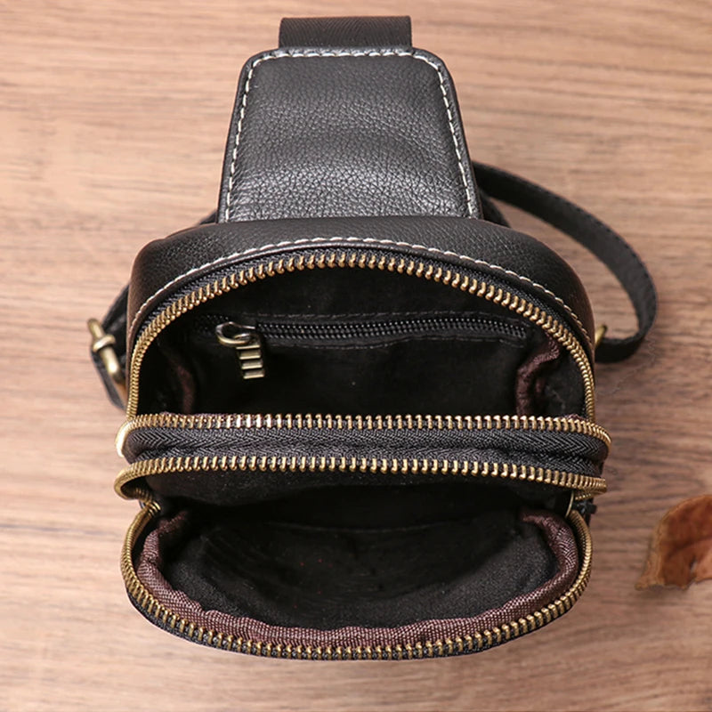 LUOKIR Men's Genuine Leather Chest Bag Cowhide Crossbody Simple Outdoor Small Backpack Casual Fashion Shoulder Sling Bags