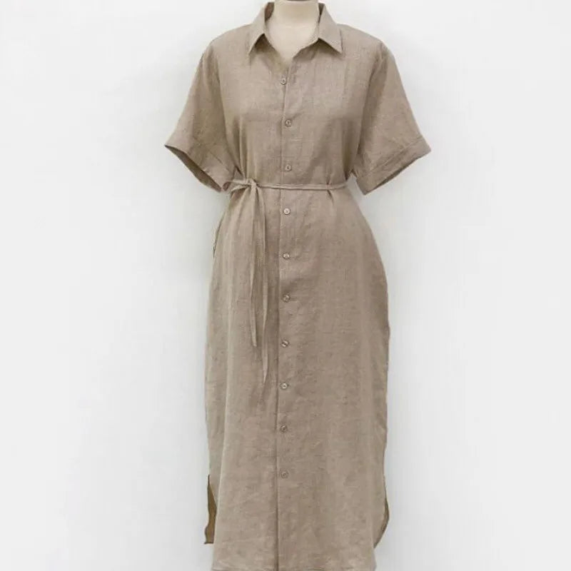 REALEFT 2024 New Summer Linen Women's Shirt Dresses Short Sleeve Single Breasted Korean Lace Up Straight Long Dress Female