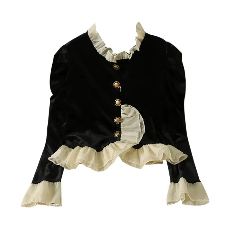Velvet Jackets for Women Vintage Ruffles Design Temper Fashion French Style Aesthetic Clothes All-match Soft Autumn Winter Mujer