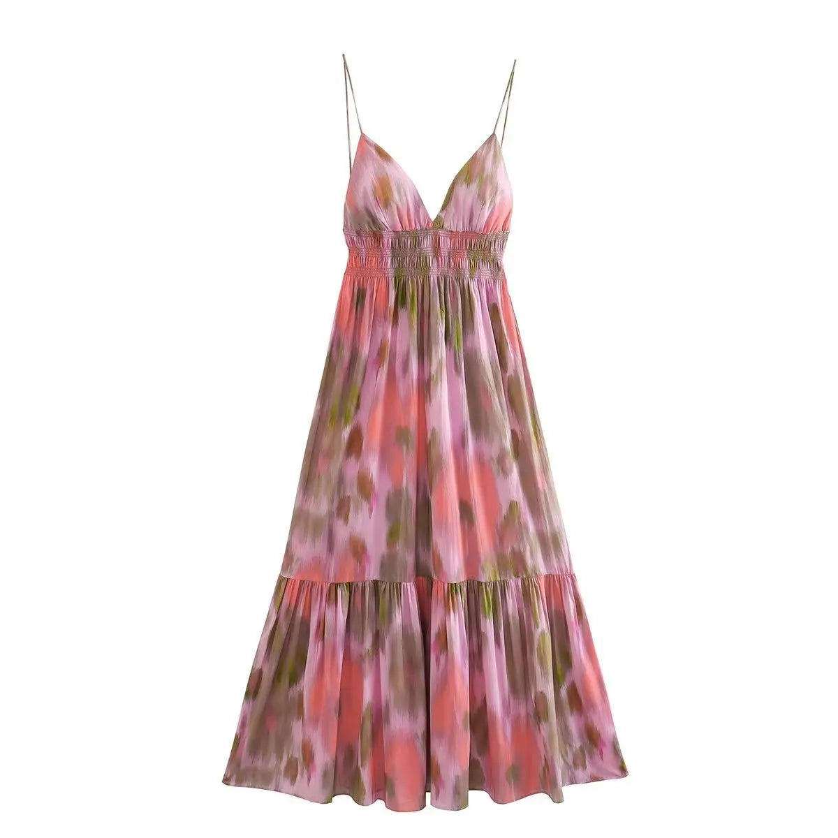 Fashion Printed Elastic Waist Backless Dress Women Lace Up Vintage Straps V-Neck Midi Dresses Female Vacation Chic Beach Dresses