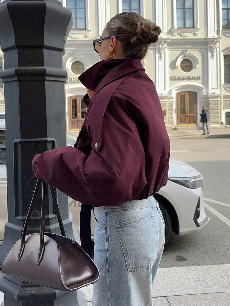 Women Solid Color Bomber Short Jacket High Collar Pocket Zipper Full Sleeve Coats Lady 2025 New Winter Fashion Highstreet Wear