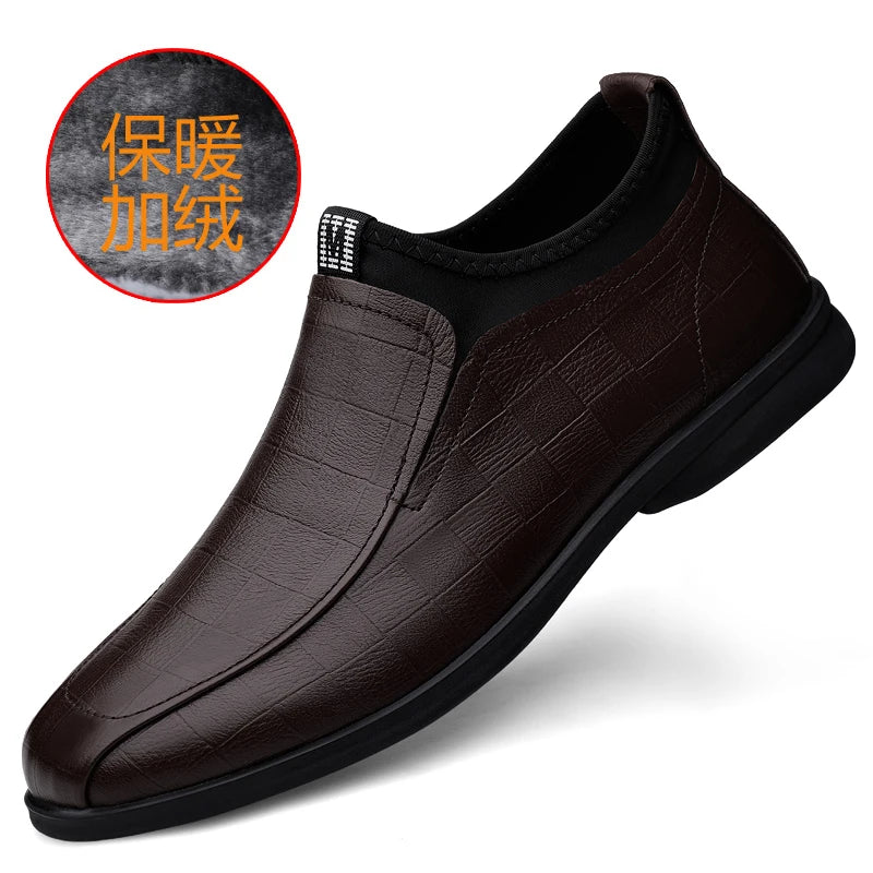 Genuine Leather Business Shoes Flat Slip-on Leather Mens Casual Shoes Senior Brand Male Footwear Mid Top Loafers Black and Brown