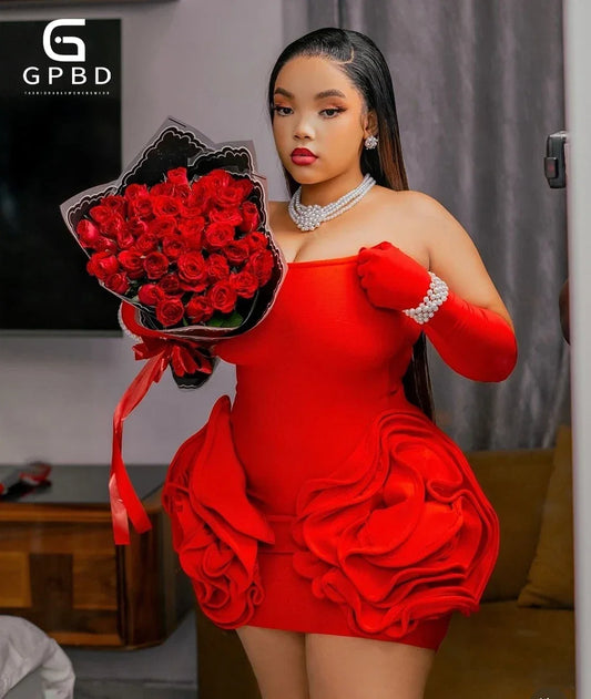 GPBD New Women'S Sexy Strapless Handmade Three-Dimensional Big Flower Tight Mini Bandage Dress Elegant Holiday Party Dress
