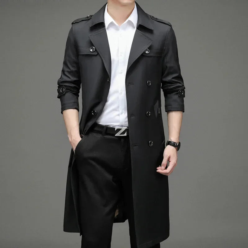 Luxurious Super Long Windbreaker Double-breasted Trench Coat Men’s Cotton Polyester Classic British Fashion Coat Brand Clothing